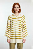 Kadın Relaxed Kesim Çizgili Polo Yaka Düşük Kol Kışlık Triko Kazak Günlük Şıklık Kaliteli Şık