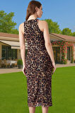 Şık Leopar Desenli Midi Boy Örme Tül Abiye Elbise Modern Stil Özenle Seçilmiş Dayanıklı Malzeme