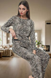 Kadın Şık Leopar Desenli Pamuklu Pijama Takımı Regular Kalıp Geniş Paça Uzun Ömürlü Rahat Kullanım
