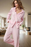 Kadın Viskoz Dokuma Pijama Takımı Fırfırlı Cep Detaylı Modern Stil Uzun Ömürlü Özel Tasarım