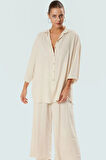 Yazlık Viskoz Polyester Dokuma Uzun Gömlek Pantolon Takım Rahat Plaj Stili Şık Görünüm