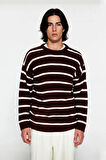 Erkek Oversize Bisiklet Yaka Çizgili Selanik Dokuma Kalın Akrilik Kışlık Kazak Konforlu Stil