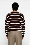 Erkek Oversize Bisiklet Yaka Çizgili Selanik Dokuma Kalın Akrilik Kışlık Kazak Konforlu Stil