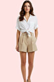 Kadın Yüksek Bel Geniş Paça Gabardin Şort Pamuk Günlük Kullanım Yaz Aylarının Vazgeçilmezi