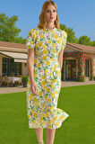 A Kesim Midi Boy Fırfırlı Çiçekli Dokuma Elbise Yazlık Günlük Profesyonel Görünüm Yüksek Kalite