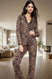 Kadın Leopar Desenli Pijama Takımı Viskoz Kumaştan Rahat Ev Giyim Seti Modern Stil Seçkin Malzeme