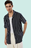 Erkek Regular Fit Kısa Kollu Bürümcük Çizgili Gömlek Rahat Yazlık Tasarım Günlük Kombinler