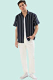 Erkek Kısa Kollu Çizgili Etamin Gömlek Apaş Yaka Regular Fit Yazlık Yaz Aylarının Vazgeçilmezi