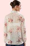 Kadın Çiçek Desenli Şifon Gömlek Boyundan Bağlamalı Uzun Kol Regular Kalıp Günlük Kullanım