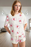 Kadın Kalpli Pamuklu Kısa Kollu Pijama Takımı Rahat Ev Giyim Yazlık Günlük Kullanım İçin Ve Şık