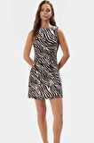 Zebra Desenli Mini Krep Elbise Bodycon Kesim Yazlık Polyester Kumaş Uzun Ömürlü Premium Kalite