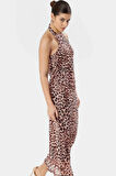 Maxi Leopar Desenli Bodycon Elbise 95% Polyester Astarlı Boyundan Bağlamalı Şık Görünüm