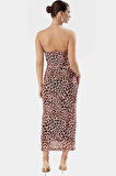 Maxi Leopar Desenli Bodycon Elbise 95% Polyester Astarlı Boyundan Bağlamalı Şık Görünüm
