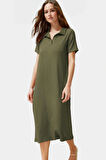 Kadın Örme Kısa Kollu Polo Yaka Midi Elbise Rahat Yazlık Günlük Stil Dayanıklı Malzeme