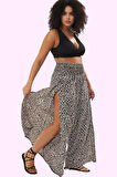 Kadın Geniş Paça Crinkle Dokuma Pantolon Çiçekli Desen Yüksek Bel Yazlık Plaj Günlük Kullanım