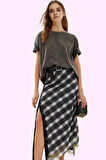 Kadın Asimetrik Ekose Desenli Maxi Etek Dantel Detaylı Yazlık Günlük Kullanım Modern Tasarım