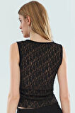 Siyah Dantel Fitted V-Yaka Bluz Esnek Örme Kontrast Astarlı