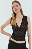 Siyah Dantel Fitted V-Yaka Bluz Esnek Örme Kontrast Astarlı