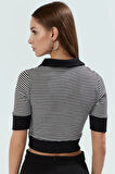 Çizgili Polo Yaka Crop Fitted Bluz Rejenere Kaşkorse Yazlık Premium Kalite
