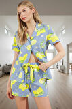 Kadın Rahat Pamuklu Limon Desenli Kısa Kollu Pijama Takımı Yazlık Kaliteli İşçilik Şık Görünüm