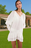 Yazlık Kadın Mini Plaj Elbisesi Pamuklu Viskoz Dokuma Volanlı Özel Tasarım Günlük Kullanım İçin