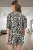 Kadın Rahat Viskoz Pijama Takımı Yılan Desenli Kısa Kollu Şortlu Homewear Premium Kalite