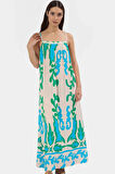 Tropikal Desenli Maxi Viskoz Elbise Rahat Günlük Yazlık Stil Trend Tasarım Özenle Seçilmiş