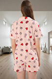 Kadın Pamuklu Kısa Kollu Kalpli Desenli Pijama Takımı Rahat Ev Giyim Seti Trend Tasarım Zarif