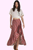 Kadın Ekose Desenli Asimetrik Midi Etek Viskoz Yazlık Günlük Hafta Sonu Yaz Aylarının Vazgeçilmezi
