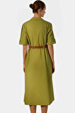 Şık Keten Karışımlı Gömlek Elbise Midi Boy Cep Detaylı Kemerli Yazlık Zarifane Tasarım