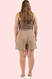 Kadın Keten Karışımlı Dokuma Şort Yüksek Bel Geniş Paça Yazlık Günlük Kullanım Özel Günler