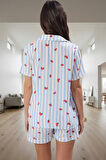 Kadın Rahat Viskoz Pijama Takımı Çizgili Desenli Kısa Kollu Yazlık Seçkin Malzeme Modern Stil