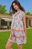 Yazlık Geometrik Desenli Pamuk Mini Plaj Elbisesi Fırfır Detaylı Konforlu Kesim Rahat Kullanım