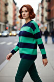 Kadın Çizgili Bisiklet Yaka Regular Kalıp Düşük Kol Uzun Kollu Triko Kışlık Rahat Şık Kazak