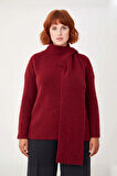 Kadın Bordo Şal Detaylı Yün İçerikli Kalın Triko Kazak Düz Desenli Regular Kalıp Uzun Kollu Kışlık