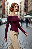 Kadın Fitted Carmen Yaka İnce Triko Kazak Uzun Standart Kol Düz Premium İplik Sonbahar Şıklığı