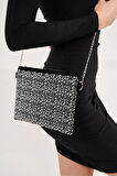 Gece Davetleri İçin Damla Taş Detaylı Zincir Askılı Şık Clutch El ve Omuz Çantası