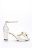 Kadın Moda Şık Beyaz Sedef Cilt Fiyonk Topuklu Zarif Tasarım Düğün Nişan Gece Abiye Ayakkabı