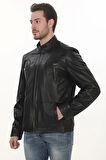 Erkek Motorcu Ruhuna Hitap Eden Derimont Slim Fit Hakiki Kuzu Derisi Siyah Erkek Deri Ceket