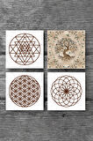 Yaşam Çiçeği, Sri Yantra, Hayat Ağacı Taş Bardak Altlığı Masaüstü Koruyucu Altlık 4 Parça Set 10x10cm Stone Coasters