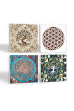Yaşam Çiçeği, Hayat Ağacı Taş Bardak Altlığı Masaüstü Koruyucu Altlık 4 Parça Set 10x10cm Stone Coasters