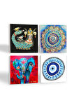 Nazar, Mandala, Fil, Şahmeran Taş Bardak Altlığı Masaüstü Koruyucu Altlık 4 Parça Set 10x10cm Stone Coasters