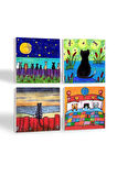 Kedi Taş Bardak Altlığı Masaüstü Koruyucu Altlık 4 Parça Set 10x10cm Stone Coasters