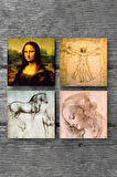 Da Vinci Mona Lisa, Genç Bir Kadının Baş Profili, Vitruvius Adamı, At Heykeli Taş Bardak Altlığı Masaüstü Koruyucu Altlık 4 Parça Set 10x10cm Stone Coasters
