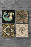 Vintage, Desen, Şahmeran, Hayat Ağacı Taş Bardak Altlığı Masaüstü Koruyucu Altlık 4 Parça Set 10x10cm Stone Coasters