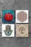 Yaşam Çiçeği, Hayat Ağacı, Nar, Fatma Ana Eli (Hamsa) Taş Bardak Altlığı Masaüstü Koruyucu Altlık 4 Parça Set 10x10cm Stone Coasters