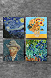 Van Gogh On İki Ayçiçekli Vazo, İrisler, Yıldızlı Gece, Otoportre Taş Bardak Altlığı Masaüstü Koruyucu Altlık 4 Parça Set 10x10cm Stone Coasters