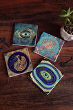 Nazar, Yaşam Çiçeği, Tavus Kuşu Taş Bardak Altlığı Masaüstü Koruyucu Altlık 4 Parça Set 10x10cm Stone Coasters