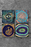 Nazar, Yaşam Çiçeği, Tavus Kuşu Taş Bardak Altlığı Masaüstü Koruyucu Altlık 4 Parça Set 10x10cm Stone Coasters