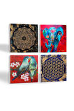 Fil, Kuş, Sri Yantra, Yaşam Çiçeği Taş Bardak Altlığı Masaüstü Koruyucu Altlık 4 Parça Set 10x10cm Stone Coasters